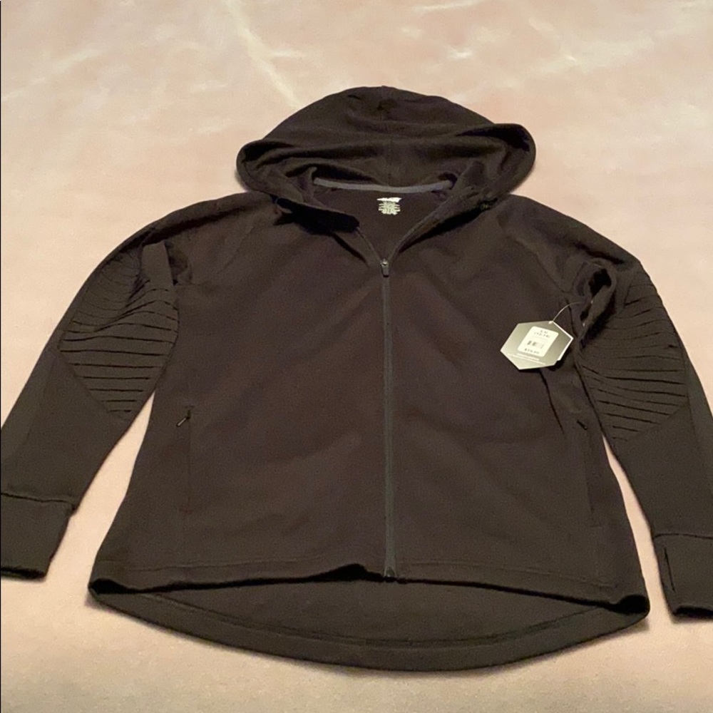 Black performance zip hooded jacket.